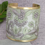 Mint & Grey Floral Embroidered Fabric Cuff Bracelet – Gold Tone