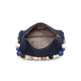 Rachel Woven Barrel Clutch | Navy with Beaded Handle & Chain Strap