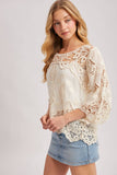 Boho Sheer Crochet Top - 3/4 Sleeve Lace Blouse Ivory