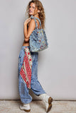 Floral Embroidered Ruffle Denim Tote Bag