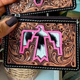 Pink Thunderbird Western Cowhide Tooled Leather Keychain Wallet