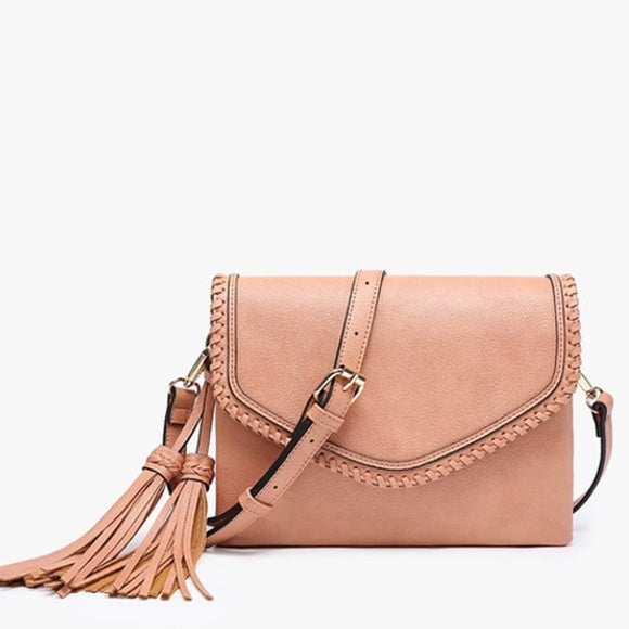 Apricot Coral Flapover Crossbody with Whipstitch and Tassel