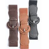 Distressed Wide Stitch Elastic Belt Western Boho Chic Style Camel Brown