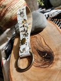 Hand-Cut Distressed Leather Key Fob in White, Black & Gold
