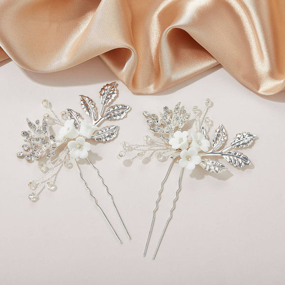 Silver Crystal White Flower Boho Prom Bridal Costumes Fairy Festivals Hair Pins