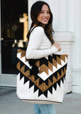 White Brown Black Aztec Western Southwestern Wool Cotton Large Tote