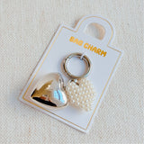 Puff Heart Pearl Heart Bag Charm Keychain Silver