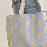 Gold Foil Pineapple Beach Tote Bag in Blue