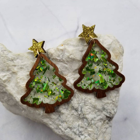 Glitter Sparkle Wooden Christmas Tree Earrings