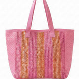 Nautical Stripe Paper Straw Tote Bag in Pink