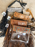 Hand Tooled Leather Clear Purse Crossbody Concert Game Day Stadium Tan and Brown