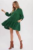 Tiered Ruffle Shirt Dress - Forest Green