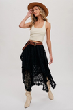 Boho Floral Lace Tier Midi Skirt Black