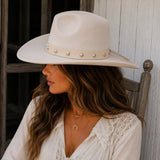 Bone Faux Leather Hat Band with Silver-Tone Round Studs