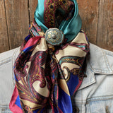 Electric Turquoise Paisley Western Wild Rag Scarf and Antiqued Silver Concho Slide