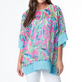 Lexi Boho Tropical Brush Sheer One Size Poncho Cover up Teal Pink