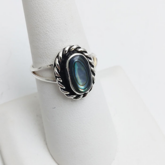 Blue Pacific Abalone Braided Oval Silver Ring Size 8.5