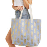 Gold Foil Pineapple Beach Tote Bag in Blue