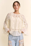 Sheer Floral Lace Bell Sleeve Blouse Cream