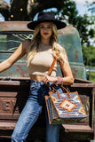 Handwoven Denim Cotton Tote Bag with Genuine Suede Handles