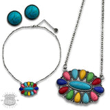 Oval Multicolor Stone Flower Necklace Earring Set