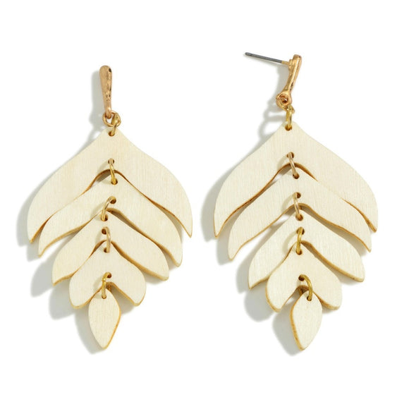 Linked Wooden Tiered Leaf Drop Earrings Ivory