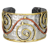Mixed Metal Wire Spirals Silver Hammered Cuff Bracelet