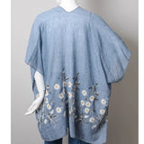 Embroidered Spring Daisy Woven Kimono Wrap Shawl Boho Floral Blue Chambray