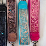Hand Tooled Leather Wristlet Keychain Key Fob Chunky Turquoise