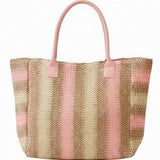 Natural Brown Multicolor Stripe Paper Straw Tote Bag in Pink