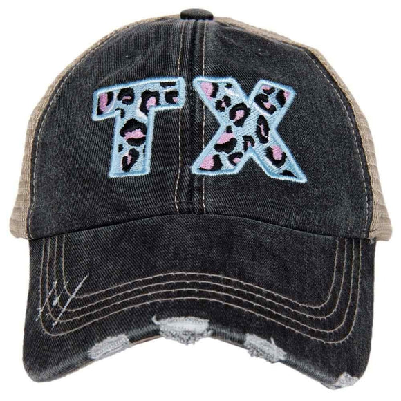 Blue Pink Leopard TX Texas State Embroidered Black Distressed Trucker Hat