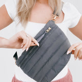 Smoke Grey Quilted Puffer Sling Belt Crossbody Bag