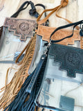 Shayne Clear Stadium Bag - Hand Tooled Leather Fringe Crossbody Concert Bag Black