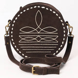 Genuine Leather Western Canteen Bag - Round Crossbody for Women Brown