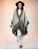 Southwest Western Aztec Border Ruana Wrap Shawl Gray