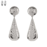 2 Tier Teardrop Shaped Hammered Metal Clip On Earrings Silver