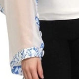 Origami Trim Button Shawl Shrug Wrap White with Cornflower Blue and White Trim