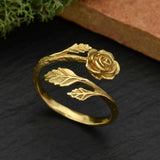Rose Adjustable Ring | Textured Blossom & Leaves | Bronze | Artisan