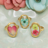 Pink Dried Flower Petal Ring – Oval Gold Botanical Statement Ring