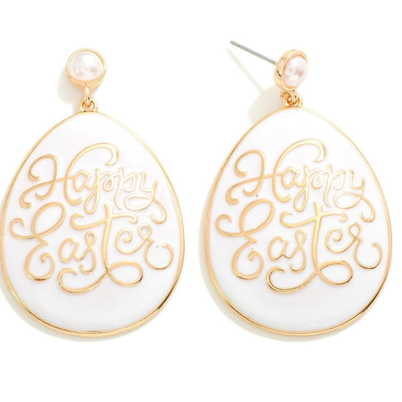 White Enamel Coated Happy Easter Egg Drop Earrings With Pearl Post