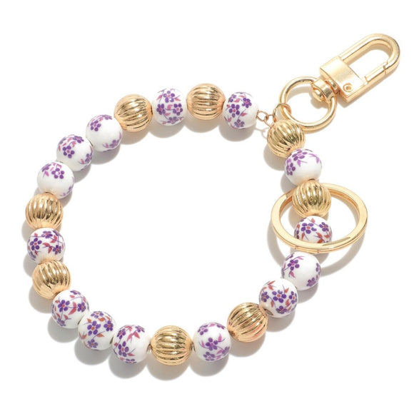 Purple & White Chinoiserie Porcelain Flower Beaded Bangle Bracelet Key Ring