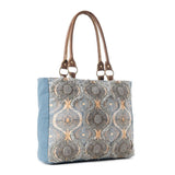 Seabound Mosaic Tote Bag – Faded Blue | Upcycled Canvas & Leather | Myra Bag