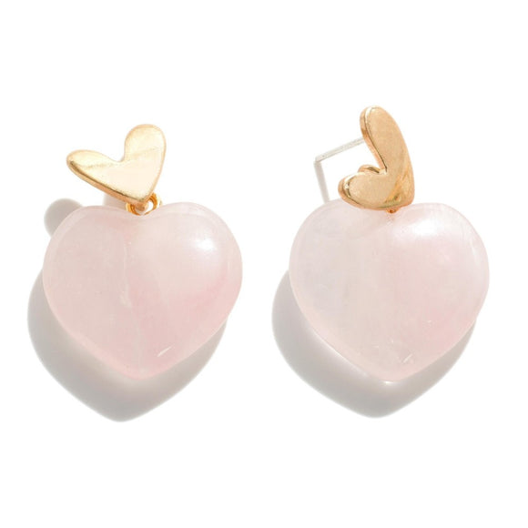 Natural Stone Heart Drop Earrings Pink