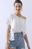 Loose Fit Round Neck Short Sleeve Cotton T Shirt Top Off White