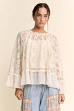 Sheer Floral Lace Bell Sleeve Blouse Cream