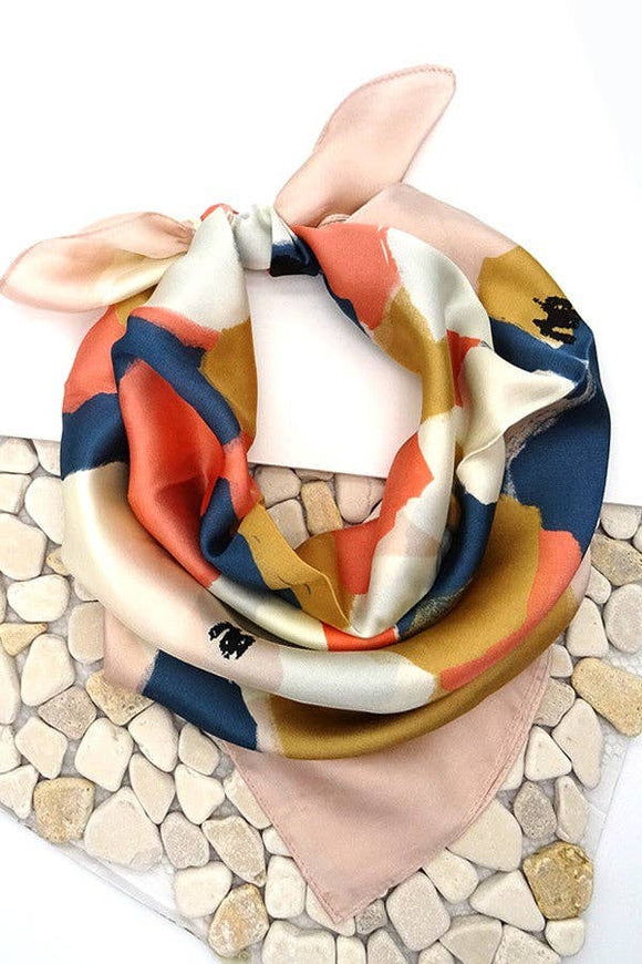 Color Block Silky Feel Abstract Colorful Scarf Pink Blue Coral Ivory