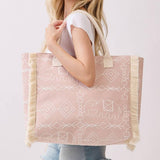 Boho Geometric Elephant Print Fringe Tote Bag in Dusty Pink