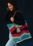 Cotton Wool Woven Teal Burgundy Tan Western Southwestern Aztec Tote
