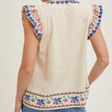 Boho Embroidered Ruffled Sleeve Tasseled Drawstring Top Linen Blend