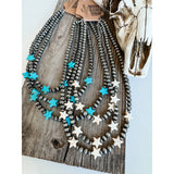 3 Layered Navajo Style Pearl with Star Stone Necklace White